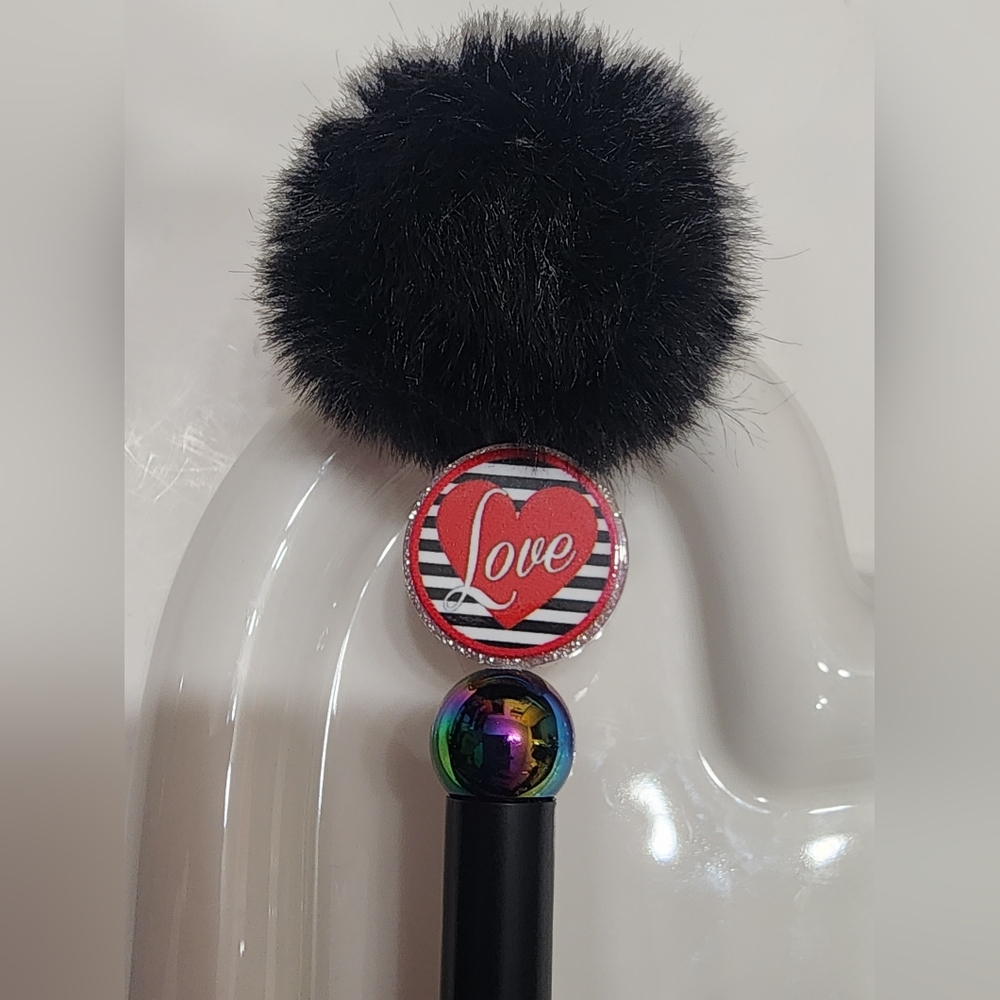 Love Valentines Day Beaded Pen Black Pom Pom‎ Fluffy Gift Black Ink